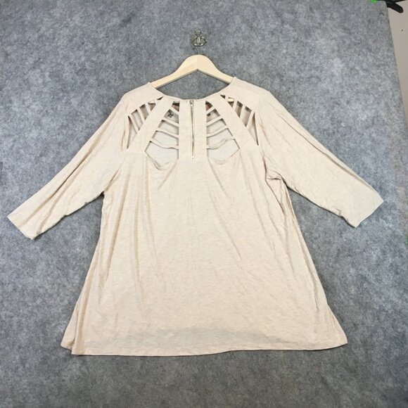 Belldini Top 2X Career Casual Knit Swing Hem 3/4 Sleeve Grommet Caged Back Tan - Picture 12 of 13